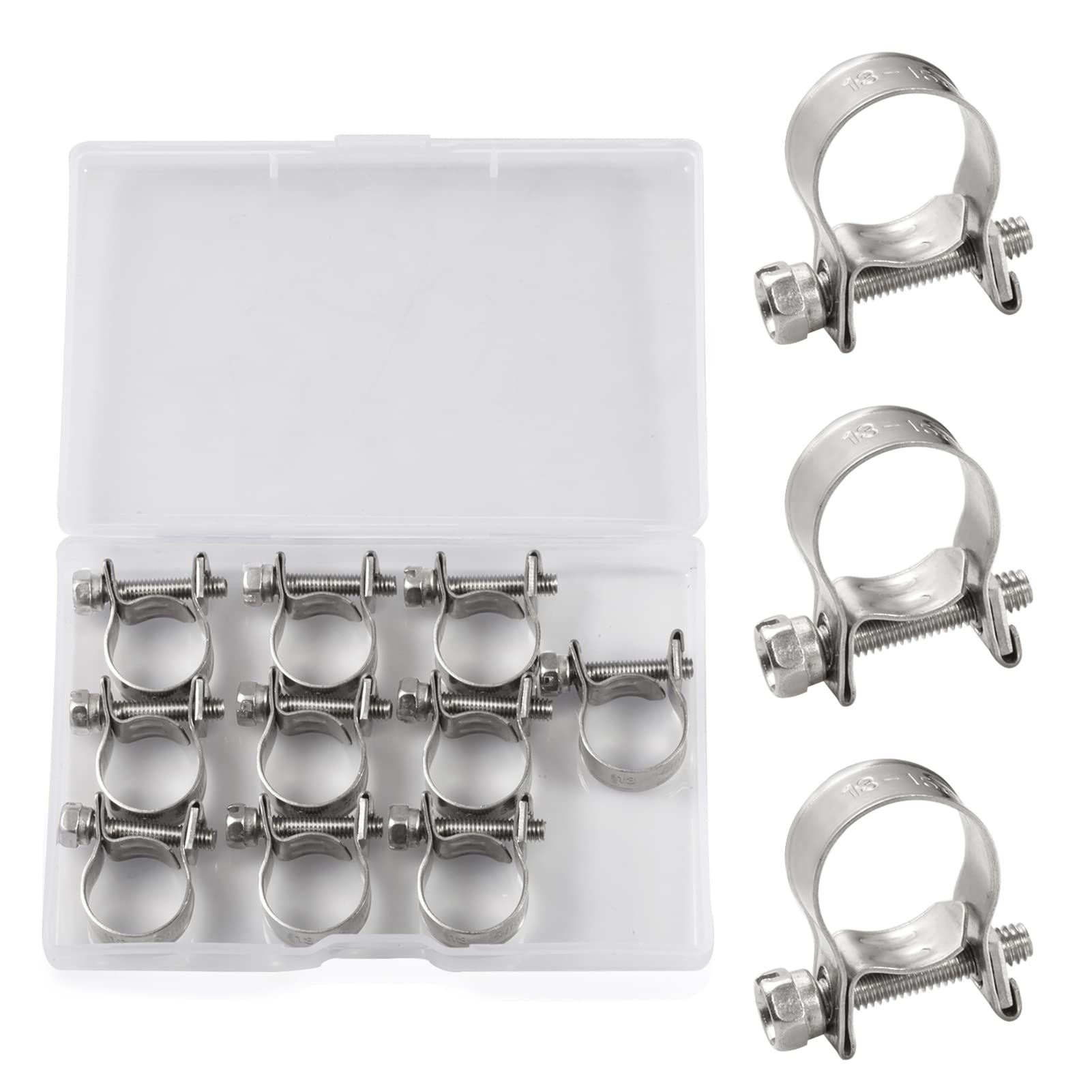 SPEEDWOX 10 Pcs Mini Fuel Injection Hose Clamps 304 Stainless Steel Adjustable Pipe Hose Clip Tube Clamps Set with Storage Box for Diesel Petrol Pipe Automotive Plumbing (13-15mm)