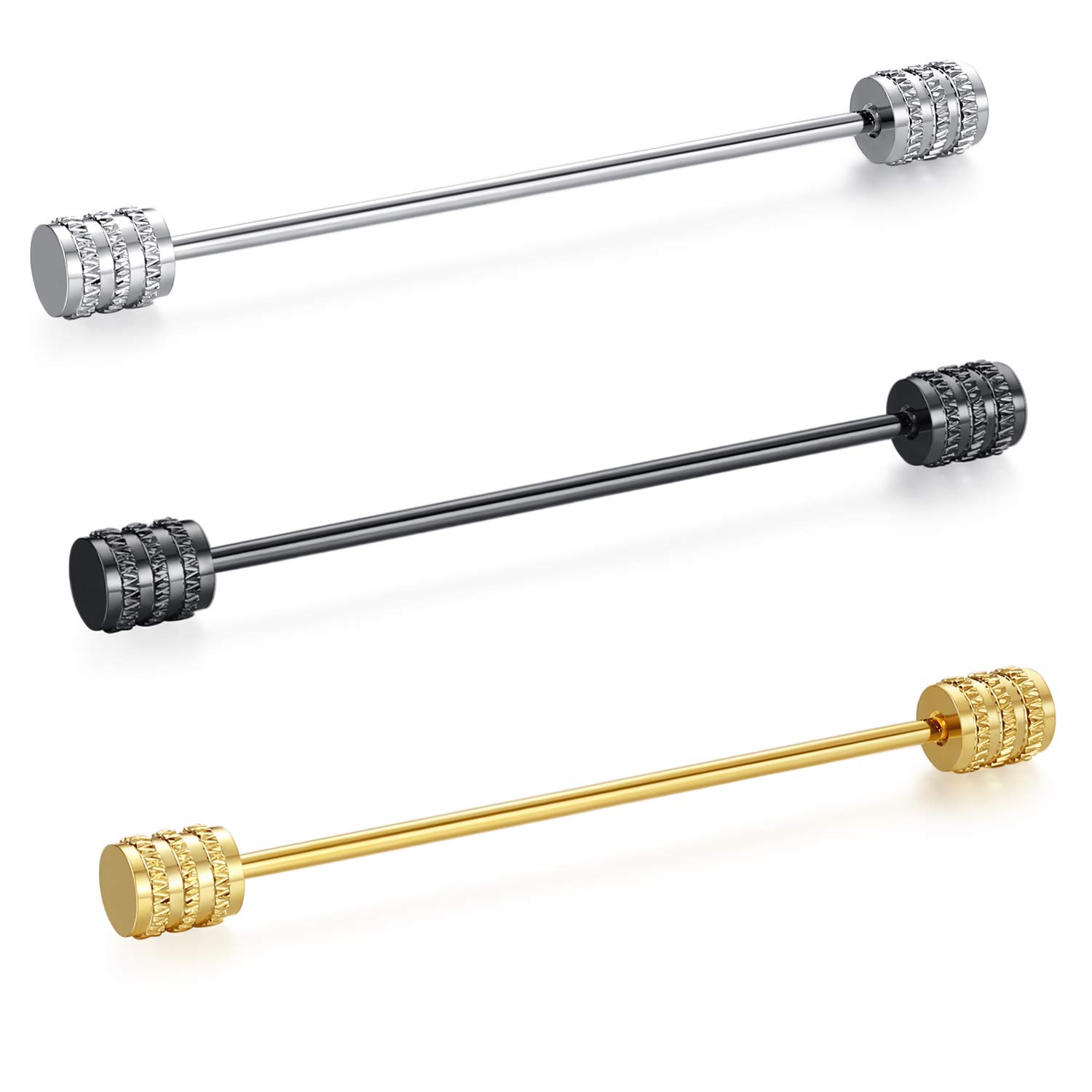 HONEY BEAR Tie Collar Bar Pins 3pcs Set Brooches for Shirts,Stainless Steel for Business Wedding Gift,Silver,65mm (Cylinder end without box)