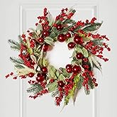Christmas Wreaths for Front Door and Windows, 24-Inch Expandable Winter Wreath for Outdoor or Indoor Use with Realistic Greenery, Red Berries & Shiny Red Baubles, Compact 13.5-Inch Storage