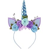 Nishine Unicorn Headband Nonwoven Flowers Cat Ears Pony Head Bands Tiara Glitter Horn for Cosplay Unicorn Party Supplies