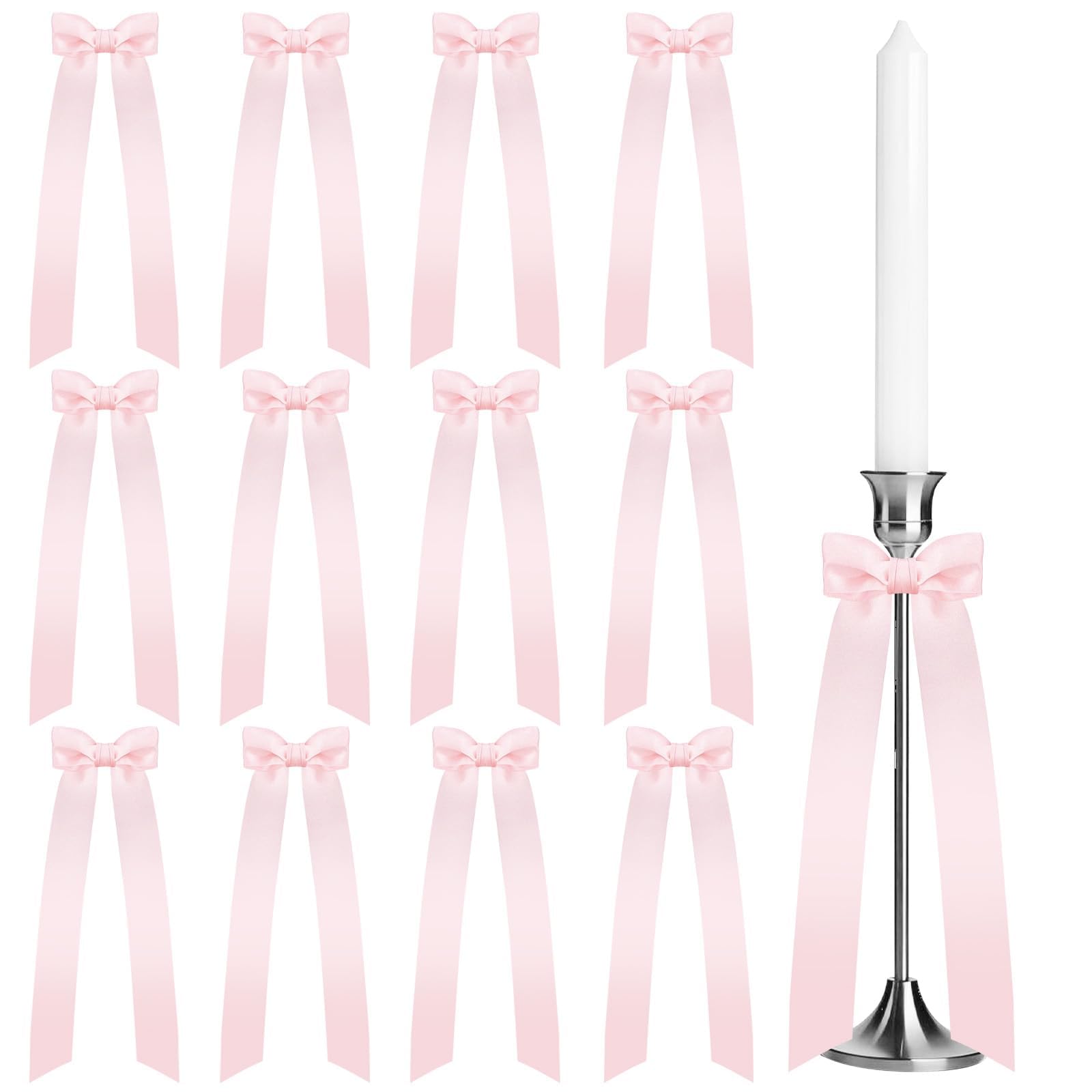 Photo 1 of 12Pcs Pink Candle Holders with Decorative Bows Bow Candles Decorations, Bow Candle Holder, Bow Centerpieces for Table, Ribbon Gifts Decor Pink Candlestick Holder Supplies Suitable for Lively Events