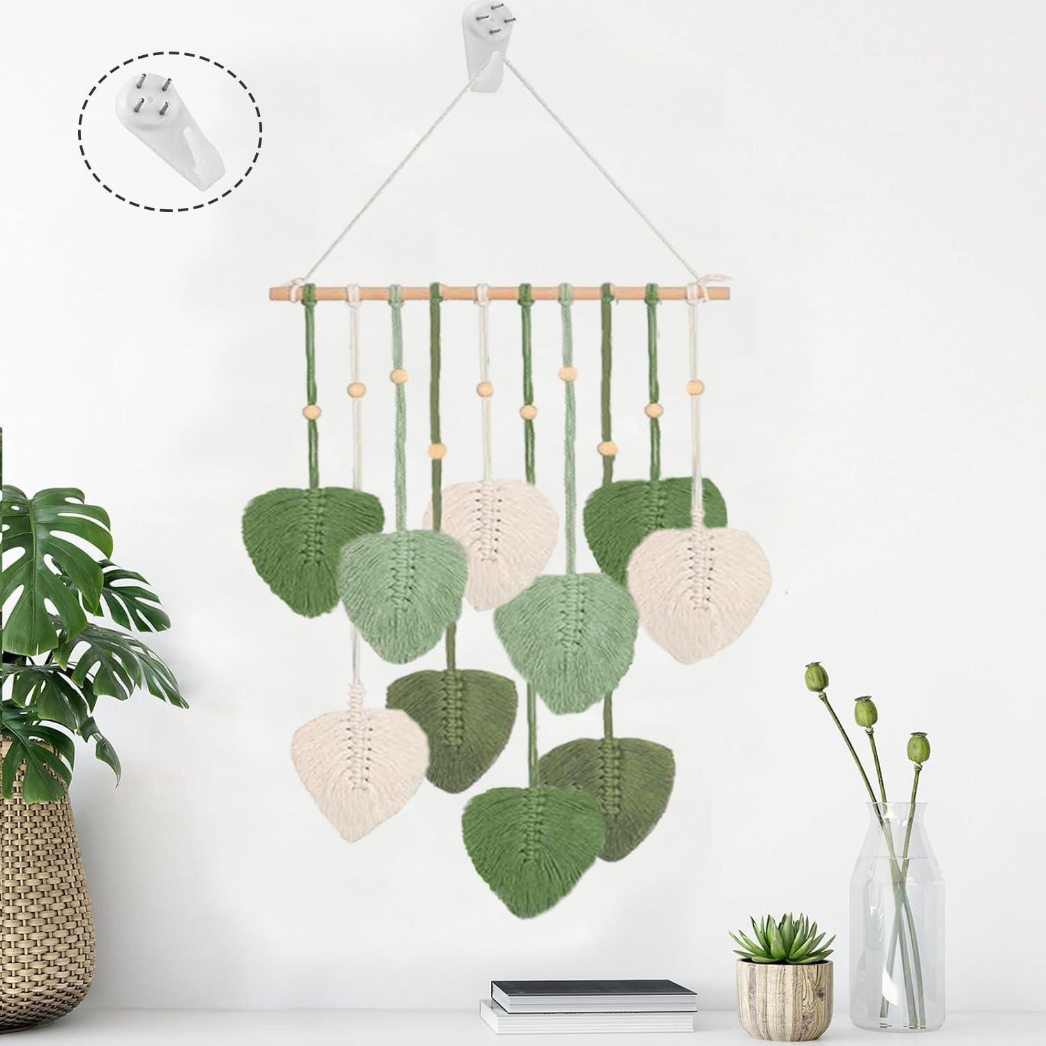 RXKFIGX Macrame Wall Hanging Leaves Macrame Wall Hanging Boho Leaf Woven Tapestry Green Leaf Tassel Tapestry Boho Macrame Leaf Wall Decoration for Living Room Bedroom Nursery Apartment