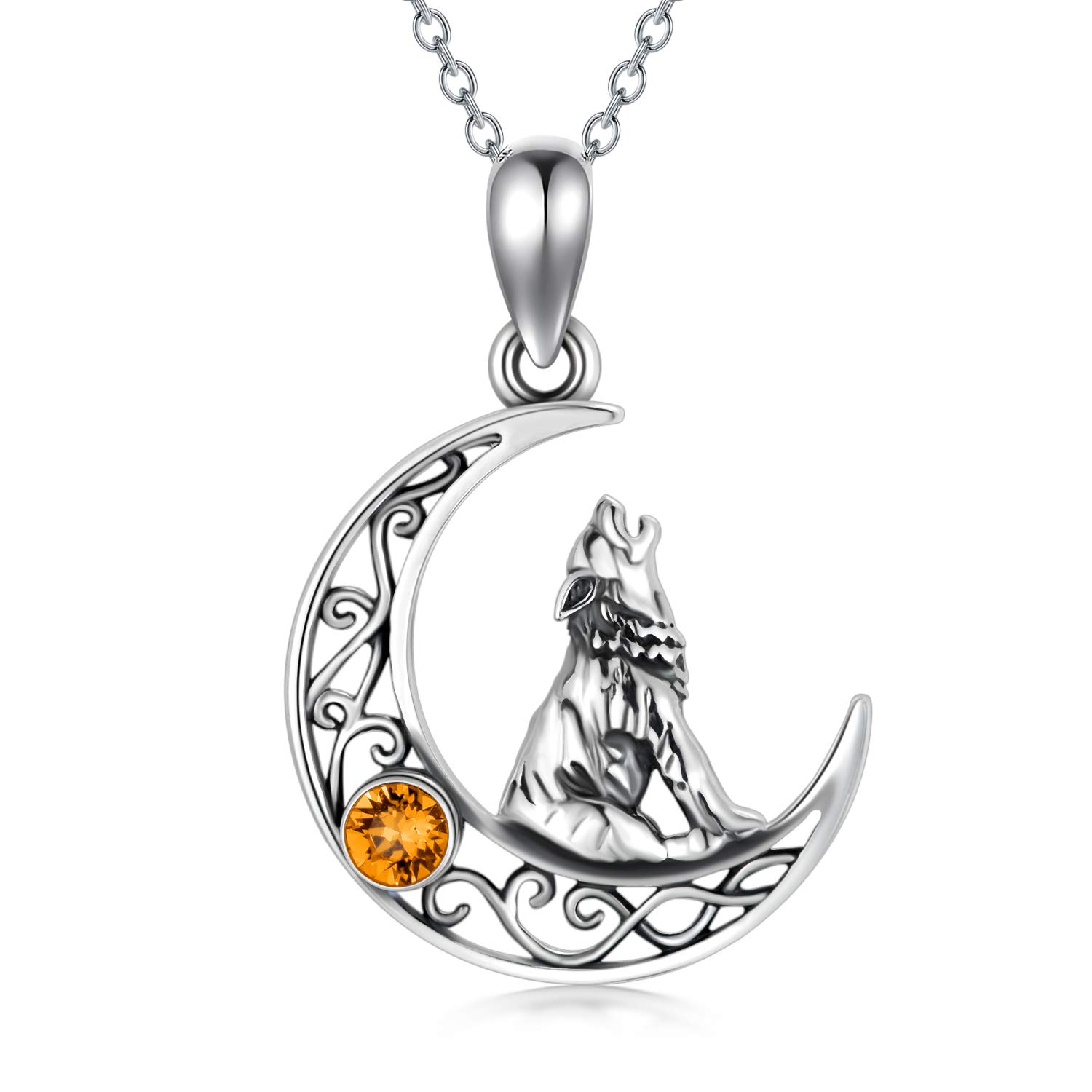 AOBOCO Sterling Silver Crescent Wolf Pendant Necklace, Wolf Jewellery Gifts for Women Her (Simulated Topaz)