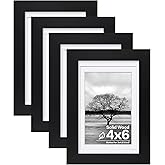 Egofine 4x6 Picture Frames Set of 4, Made of Solid Wood Covered by Plexiglass 3x4.5 and 3.5x5 with Mat or 4x6 without Mat, for Table Top Display and Wall Mounting Photo Frame Black