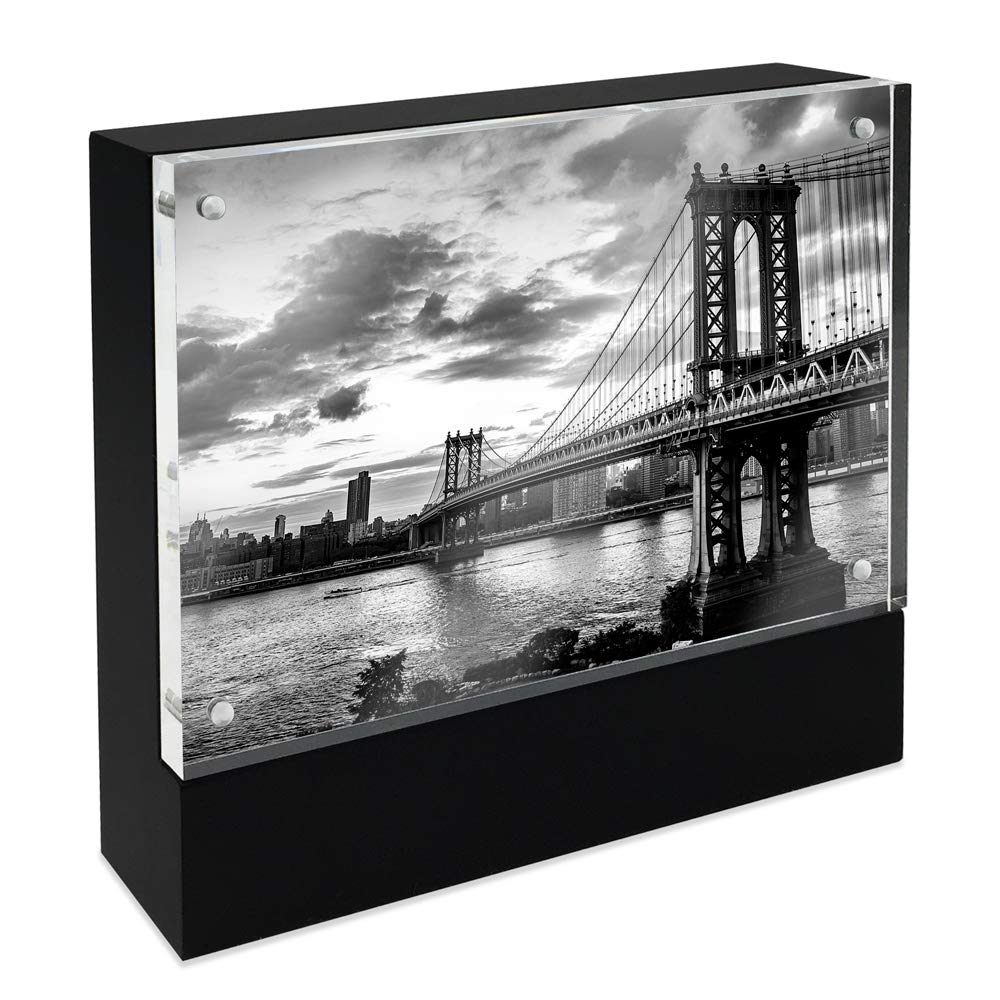 Isaac Jacobs 4” x 6” Black Wood Block Acrylic Picture Frame, Magnetic Photo Frame, Made For Tabletop Display (4” x 6” Black)