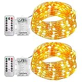 Tobbiheim 2 Set Fairy Lights String Battery Operated Waterproof 8 Modes 60 LED 26.2ft Copper Wire Light with Remote and Timer IP68 Battery Case for Outdoor & Indoor - Warm White（Battery Not Included)