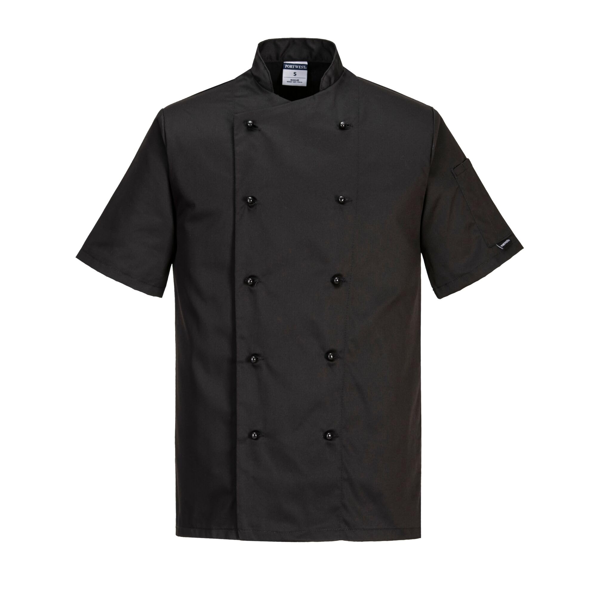 Portwest C734 Chef Jacket Protective Safety Short Sleeve Coat Stain Resistant Durable Workwear Unisex Professional Modern Chesfswear, Black, Medium