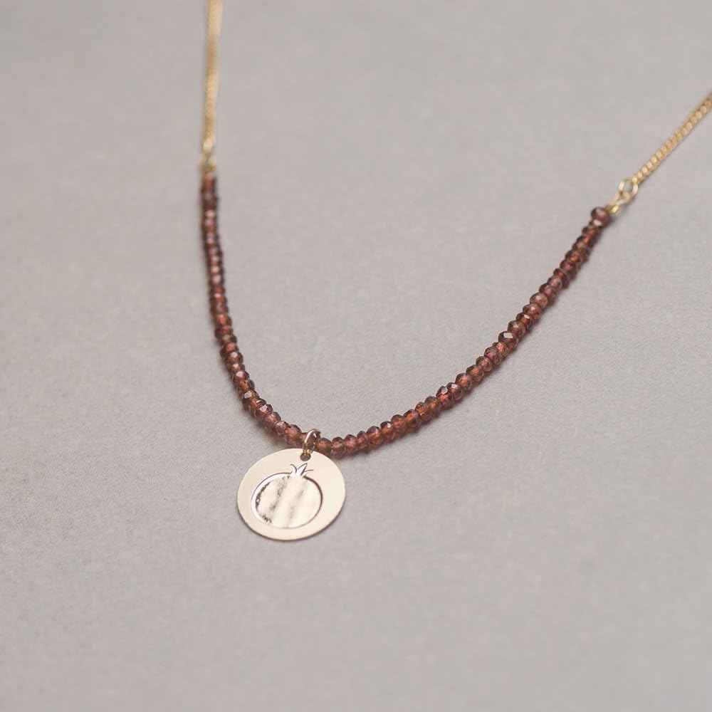 Beaded pomegranate necklace, pomegranate pendant, engraved pendant necklace, jewish charm necklace, Garnet beads necklace, spiritual jewelry