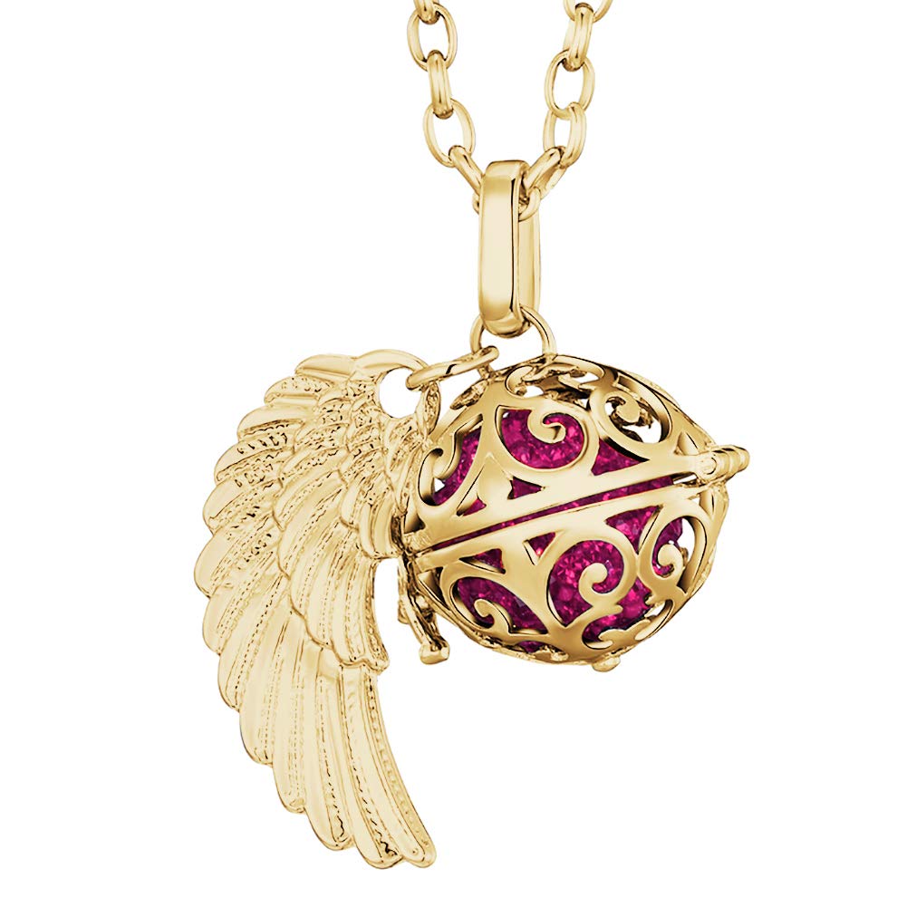 Morella Women Necklace Golden Stainless Steel 70 cm 27,5" with Ornament with Angel Wing Pendant with Sound Ball Zirconia Pink Ø 16 mm 0,63" in a Velvet Jewelry Bag