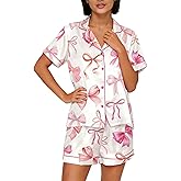 Yiulangde Women Satin Pajamas Shorts Sets Y2k Silk PJs 2 Piece Outfits Collar Long Sleeve Button Down Shirt Lounge Pants Sets