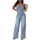 xxxiticat Women's Off The Shoulder Denim Jumpsuit Sleeveless Front Button Down Wide Leg One Piece Jeans Romper Overalls