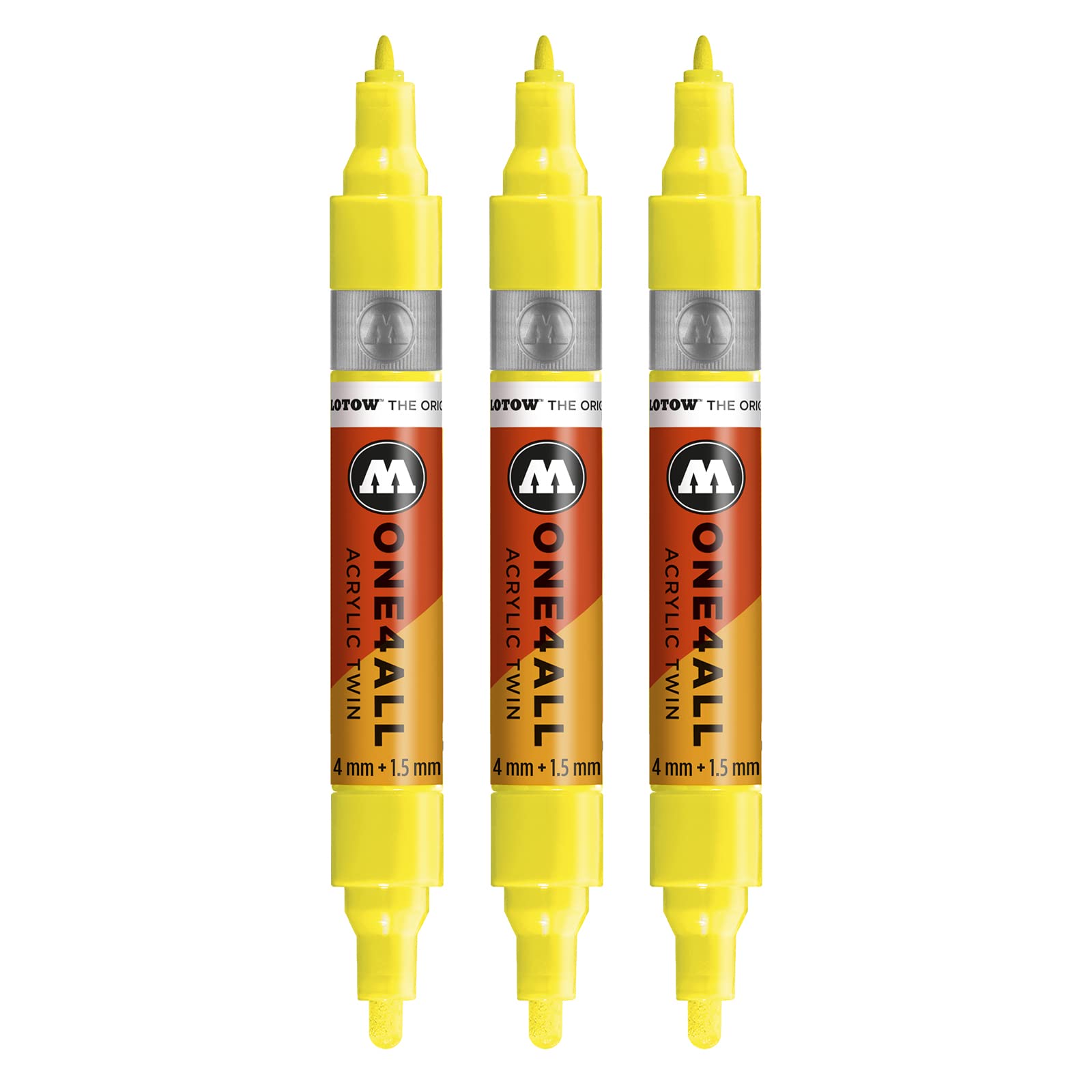 Molotow One4All Acrylic Twin Markers (Line Width 1.5 mm and 4 mm, High Coverage and Permanent) Pack of 3 Colour 220 Neon Yellow Fluorescent
