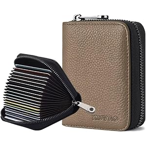 KUVAO RFID Blocking, Leather Credit Card Holder Zipper Wallet With 20 Card Slots, Small Card Case for Women or Men Accordion