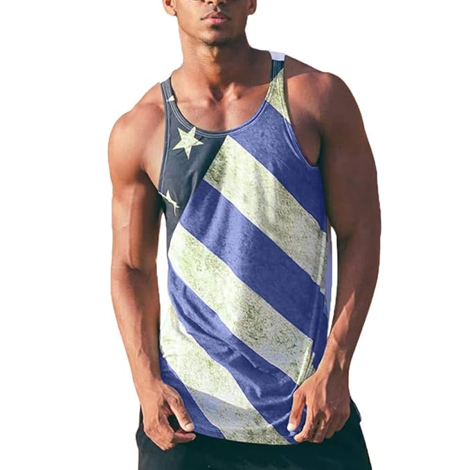 AHAYAKU Herren Sleeveless Oansatz Sommer Amerikanische Flagge Bedruckte Trägershirts Freizeithemd