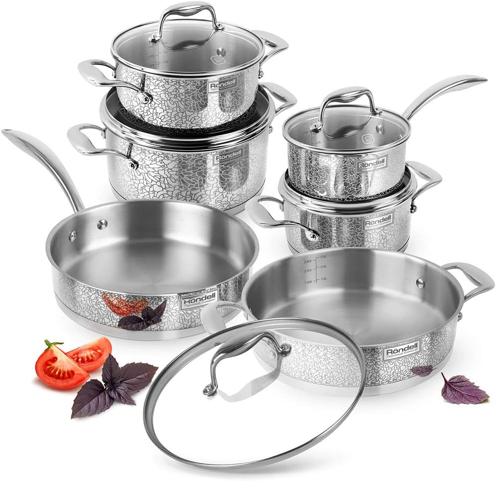 Rondell Vintage Stainless Steel Induction Cookware Kitchenware Set 11 Piece - Nonstick Cooking Casseroles, Pots, Frypan, Saucepan, Sautepan with Lids - Impact-Bonded Technology