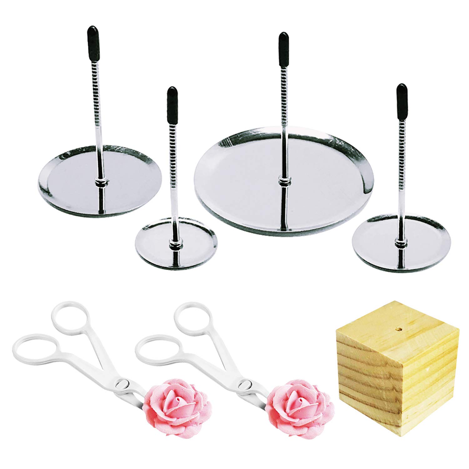 Woohome 7 PC Nails Cake Decorating Tool Kit: 4 Sizes of Cake Flower Nail, 2 Flower Lifters, 1 Wood Holder