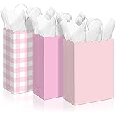 Kolldenn 24 Pcs Pink Gingham Party Supplies Gift Bags with Handles Scallop Kraft Paper Treat Candy Goodie Party Favor Bags for Baby Shower Birthday Wedding Decor