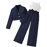 OYOANGLE Girl's 2 Piece Outfit Sleeveless Belted Pants Romper and 3D Floral Crop Suit Jacket