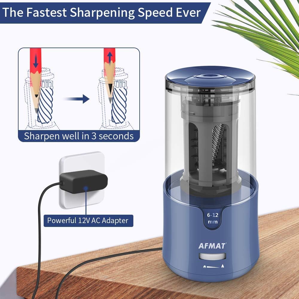 AFMAT Pencil Sharpener, Electric Pencil Sharpener for Colored Pencils, Auto Stop, Fast Sharpen in 3s, Large Hole Pencil Sharpener Plug in for 6-12mm No.2/Jumbo Pencils-Blue : Office Products
