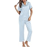 Umenlele Women's Satin Pajamas Short Sleeve Loungewear and Long Pant Two Piece Sleepwear Button-Down Pj Set