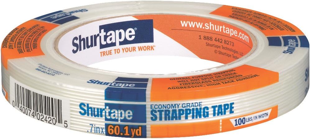 Shurtape GS 490 Economy Grade, Light Duty Fiberglass Reinforced Strapping Tape, 55m Length x 18mm Width per Roll, Clear, 1 Roll (104476)