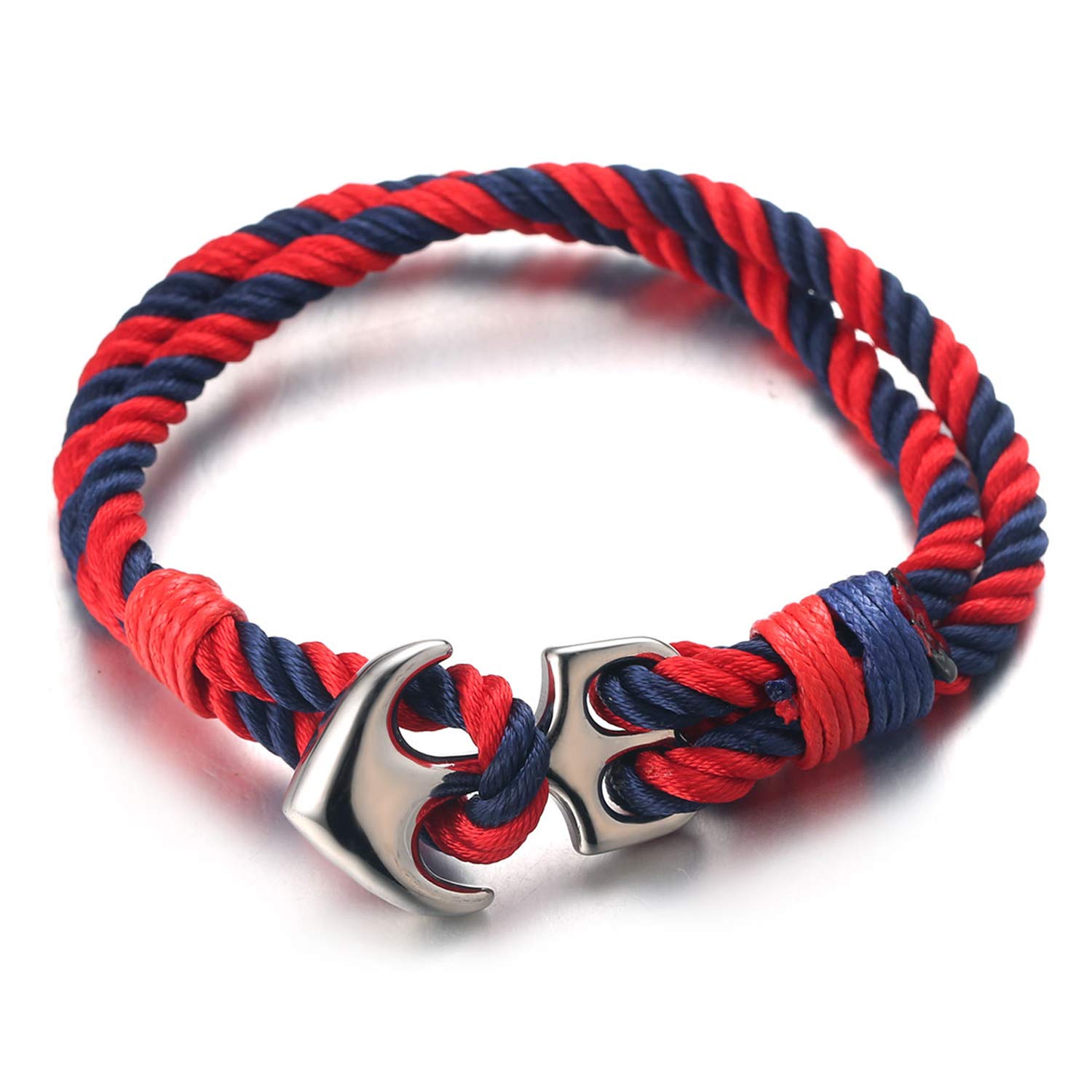 HALUKAKAH ● SAIL ● Men's Nylon Rope Cord Bracelet Multicolor Red and Blue Color Handmade Silver Anchor Clasp 8.26"/21cm with Free Giftbox