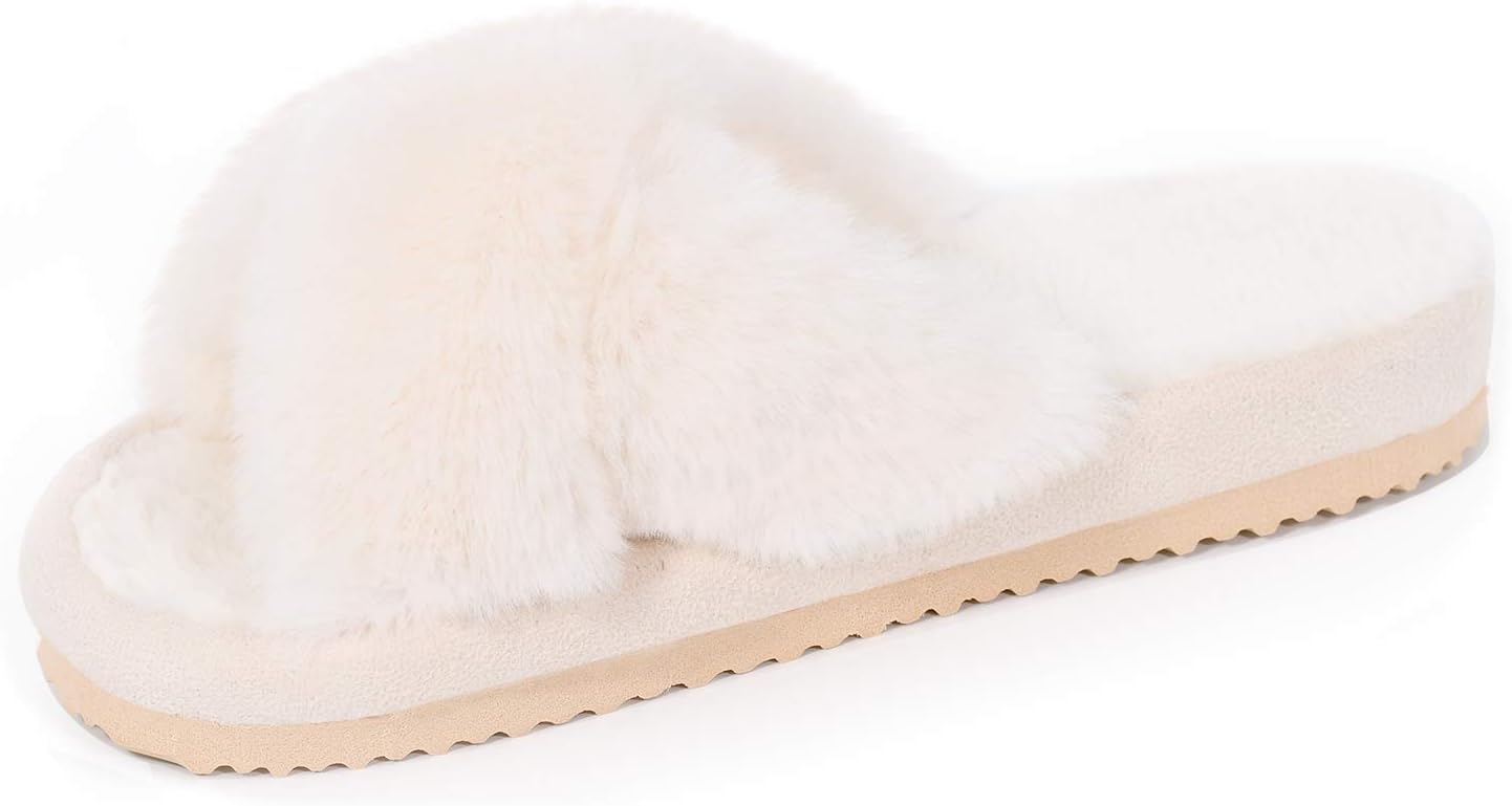 PTHANNCriss Cross Band Slippers For Women Fuzzy Slippers With Arch Support House Slippers Women Slides Fluffy Sandals Cute Slippers For Bedroom House Shoes With Fur Open Toe Slippers For Girls