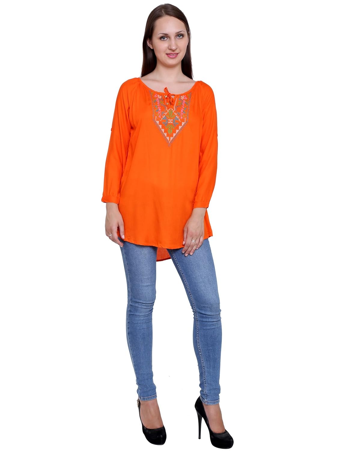 papsara orange rayon slub women's long top