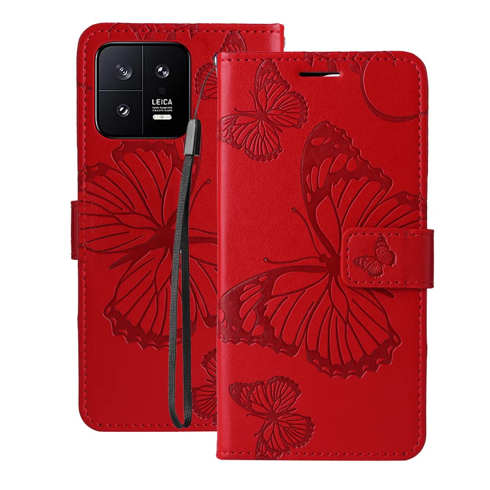 Laybomo Case for Xiaomi 13 Cover, Xiaomi 13 Leather Phone Case Wallet Holster with Card Slot Holder Slim Stand Pouch Silicone Flip Cover for Xiaomi 13, Red