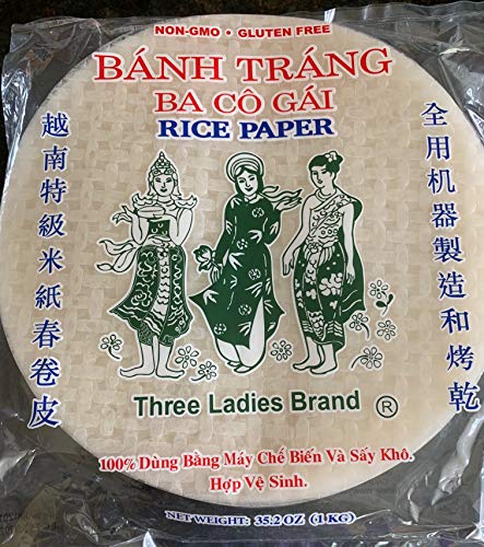 Three Ladies Bahn Trang Spring Roll Rice Paper Wrappers Non-GMO Gluten Free (Round 25cm, 35.2oz / 1kg) 1 Pack with 75 sheets