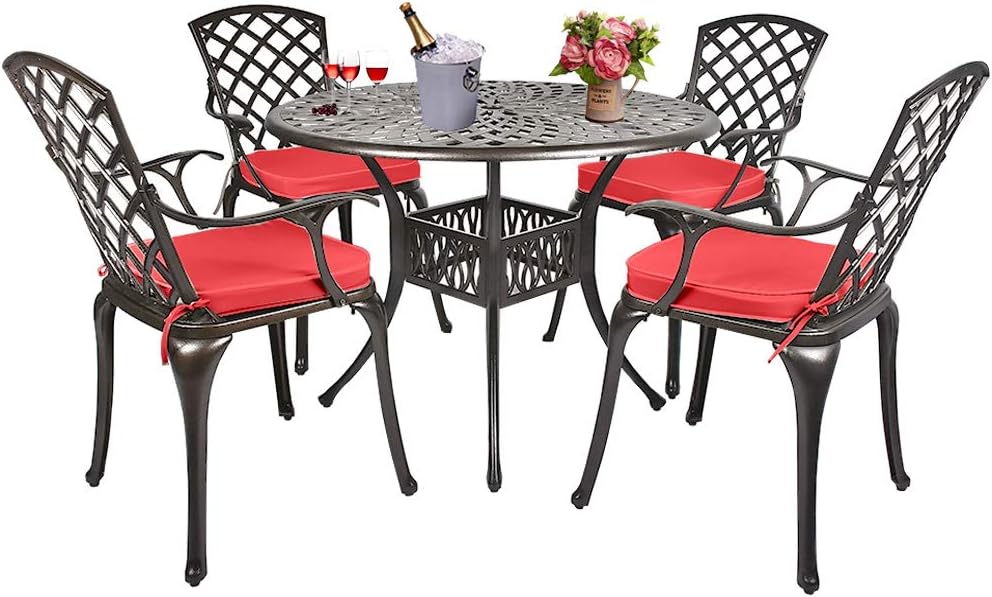 USSerenaY Cast Aluminum Bistro Set Outdoor Bistro Table Set Patio Furniture Sets with 4 Arm Chairs, Umbrella Hole, Antique Bronze Finish (4 Chairs + 1 Table Set(Lattice Weave)): Garden & Outdoor