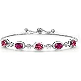 Gem Stone King 925 Sterling Silver Pink Tourmaline and Red Created Ruby and Lab Grown Diamond Bracelet For Women | 4.65 Cttw | Gemstone October Birthstone | Oval 7X5MM | Fully Adjustable 9 Inch