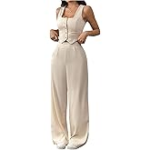 WDIRARA Women's 2 Piece Outfits Button Down Sleeveless Clothing Sets Crop Blazer Vest and Wide Leg Pants Set