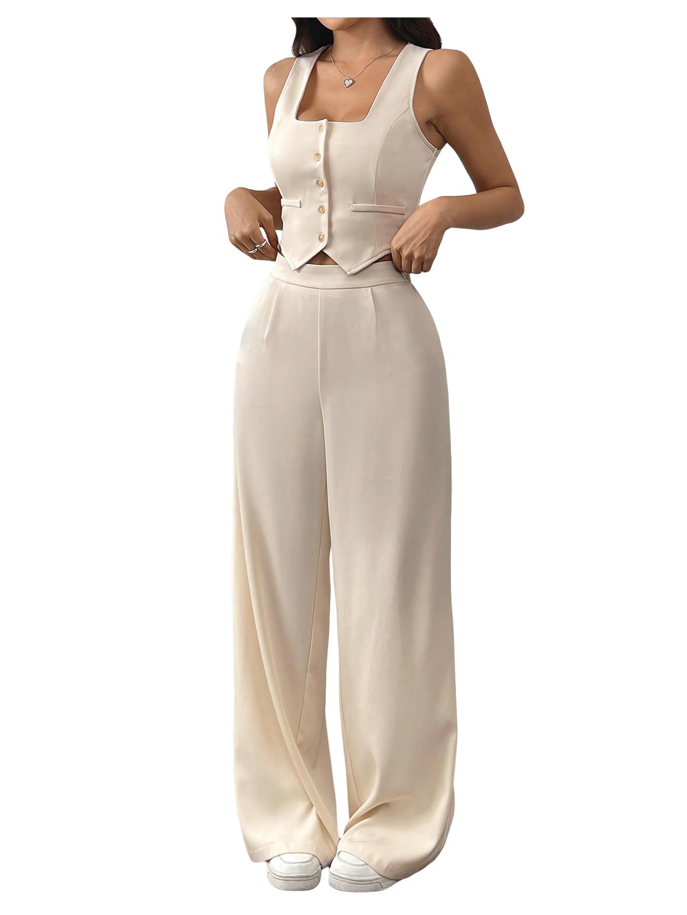 Photo 1 of **************MISSING THE TOP**************
WDIRARA Women's 2 Piece Outfits Button Down Sleeveless Clothing Sets Crop Blazer Vest and Wide Leg Pants Set Apricot Medium