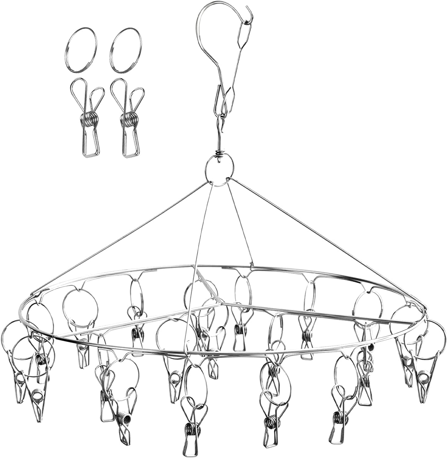 Qualsen Sock Hanger for Washing Line, Underwear Hanger,Folding Sock Dryer,Peg Airer,Stainless Steel Metal Clothes Pegs with 20 Pegs for Drying Baby Clothes,Cloth Diapers,Bras,Towel,Hat,Scarf(Round)