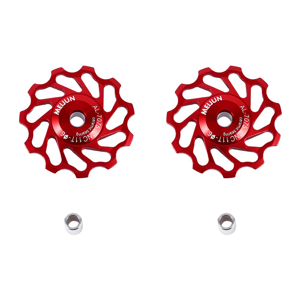 2pcs Ceramic Pulley Aluminium Alloy Rear Derailleur Guide,Bicycle Wheel Roller Part Accessory For Bike,Support 7/8/9/10 speed,Apply for Most of Rear Derailleur on the Market(red 11T)