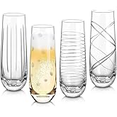 Joeyan Etched Champagne Flutes Glasses Cups,Handmade Mouth Blown Aesthetics Glassware Art Decoration,Home Bar Essentials,Gifts for Wedding Anniversary Daily Use,Set of 4,9.8 oz,Dishwasher Safe