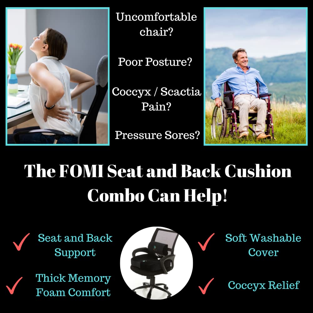 FOMI Extra Thick Coccyx Seat Cushion and Back Support Combo | Large Memory Foam Seat Pad and Lumbar Pillow for Car, Office, Gaming Chair, Wheelchair | Sciatica, Tailbone Pain Relief