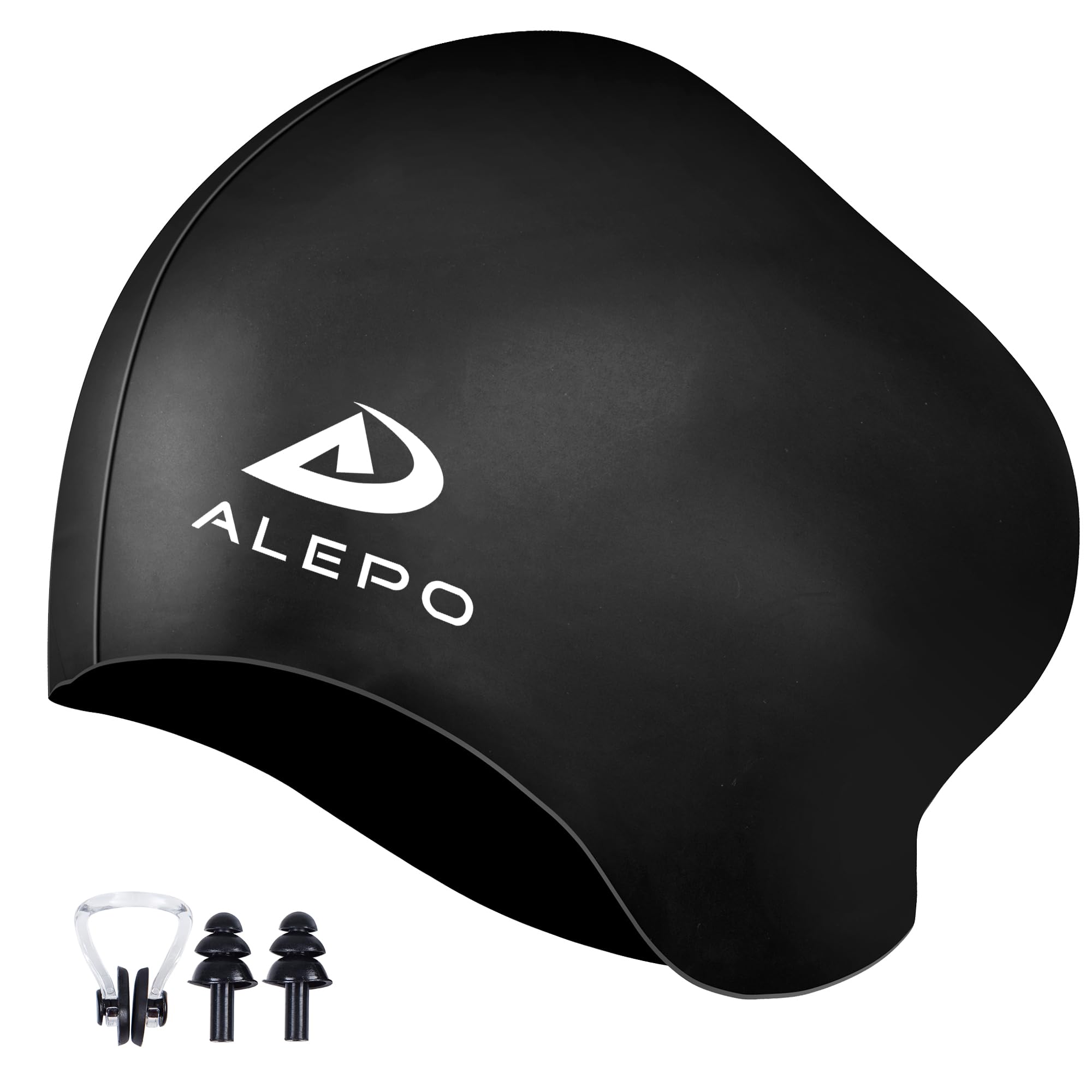 Alepo Swimming Cap Women Men, High Elasticity Thick Silicone Swimming Hat for Long Hair Unisex Adults, Bathing Swim Cap with Ear Plugs and Nose Clip, Keep Your Hair Dry（Black）