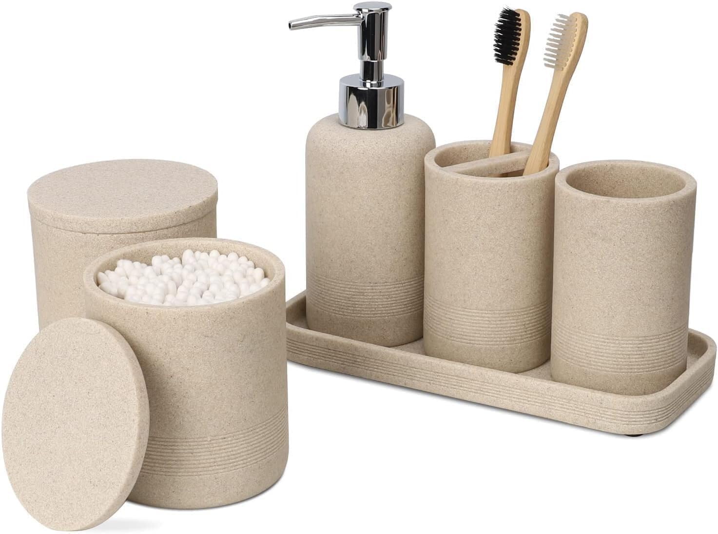 Photo 1 of ZCCZ Beige Bathroom Accessories Set 6 Pieces - Toothbrush Holder, Lotion Dispenser, Qtip Container, Vanity Tray, Tumbler - Countertop Organizer for Bathrooms - Elegant and Functional Décor Set