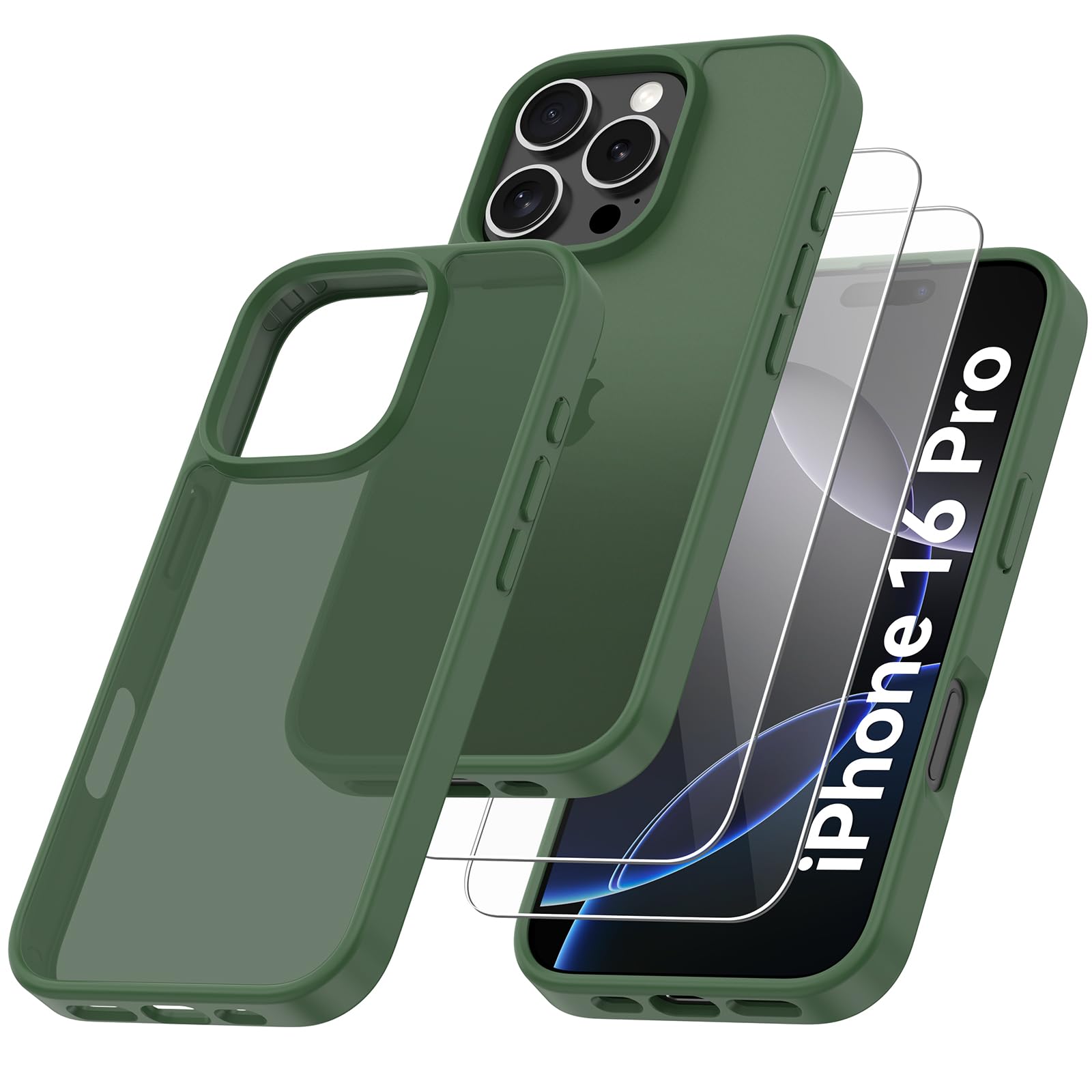 Qasyfanc Matt Cover Case Compatible with iPhone 16 Pro 6.3" with 2 Pack Tempered Glass Screen Protector, Non-Yellowing Shockproof Phone Bumper Cover Hard PC Anti-Scratch Case Dark Green