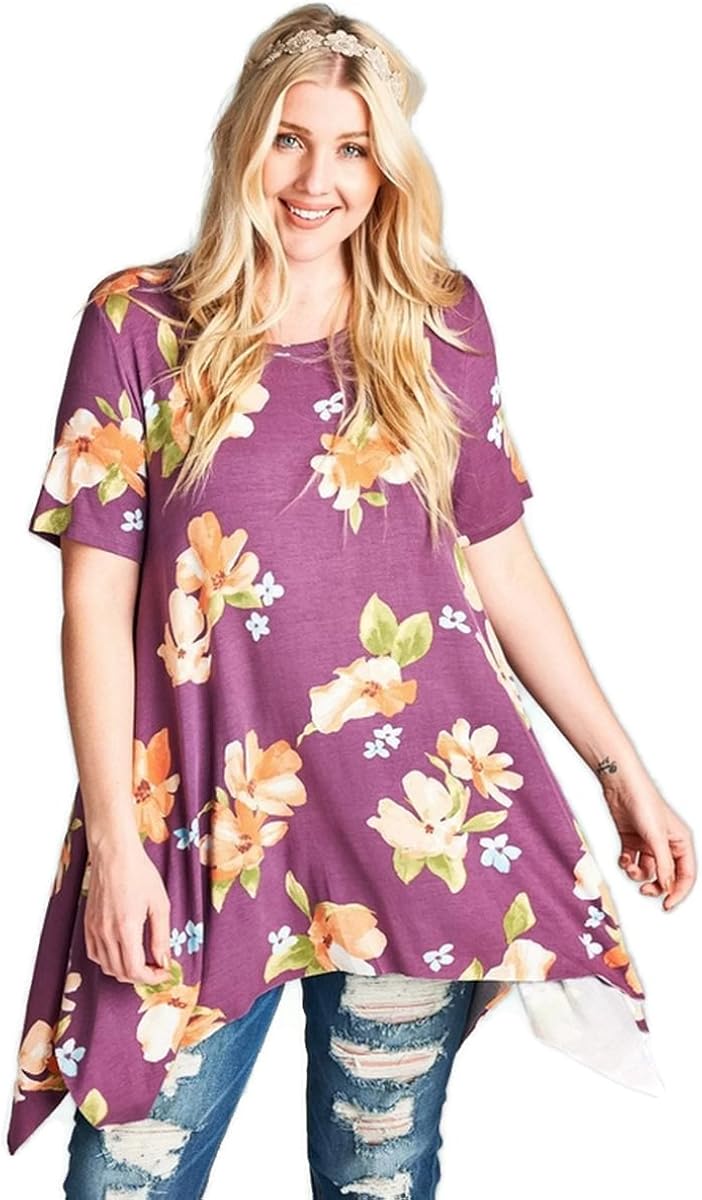 Oddi Women's Purple Floral Sharkbite Tunic Top Plus Size at Amazon Womenâs Clothing store