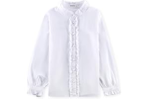SOLOCOTE Girls White Blouse Ruffle Long Sleeve Button Down Shirts Princess Cotton Loose Soft Tops Spring and Summer 3-14Y