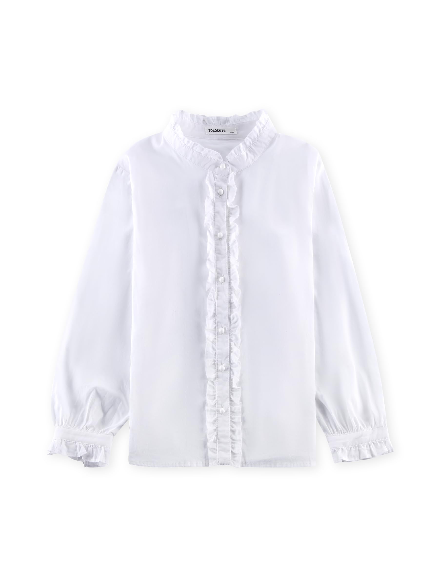 Photo 1 of SOLOCOTE Girls White Blouse Ruffle Long Sleeve Button Down Shirts Princess Cotton Loose Soft Tops Spring and Summer, 190903 7-8 White