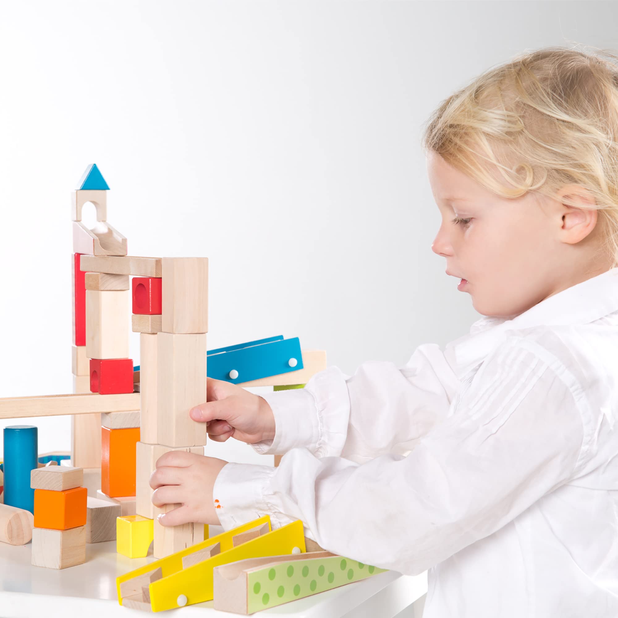 Wooden Marble Run Set - 100 Pieces, 20 Glass Marbles & 80 Building Blocks, Ages 3+