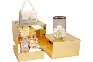 NGDILUXURY 3Pcs Buffet Risers,Mirror Acrylic Risers Display Stands Food Display Risers for Party Buffet Table Acrylic Risers Boxes for Display Catering Dessert Jewelry Collectibles Nesting Cube Gold