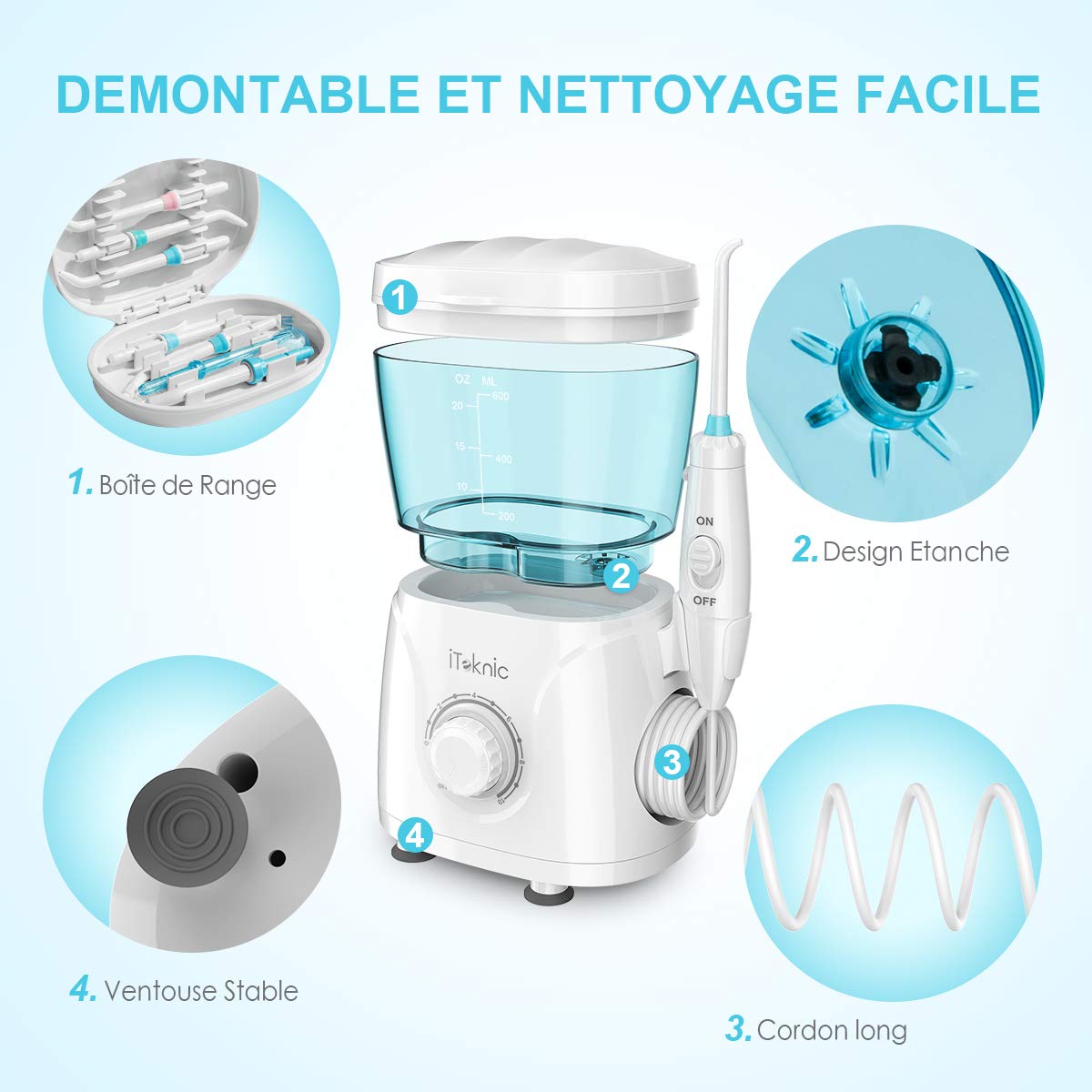 Hydropulseur Jet Dentaire Électrique iTeknic Irrigateur Dentaire Oral Professionnel avec 7 Buses de Rechange Rotation 360°, 10 Pressions Réglables et Réservoir d’Eau 600ML Hydropropulseur Hydrojet d’Eau Dentaire pour Soins Nettoyage Hygiène