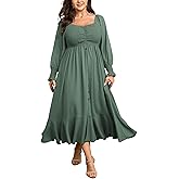 CICIDUDU Plus Size Smocked Casual Maxi Dress for Curvy Women Long Sleeve Sweetheart Neckline Fall Dresses Button Down