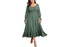CICIDUDU Plus Size Smocked Casual Maxi Dress for Curvy Women Long Sleeve Sweetheart Neckline Fall Dresses Button Down