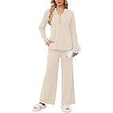 VUTRU Womens Ribbed Knit Lounge Set Long Sleeve Top and Long Pants 2 Piece Outfits Pajamas Sets Sleepwear PJ Sets